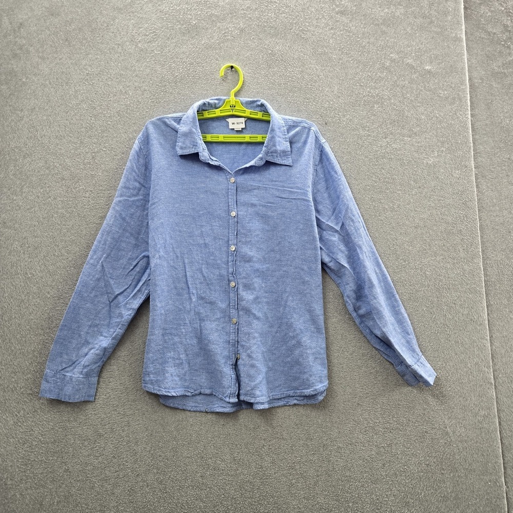 Orvis Women Button Up Shirt XL/EG Blue Linen Rayon Classic Chambray Coastal